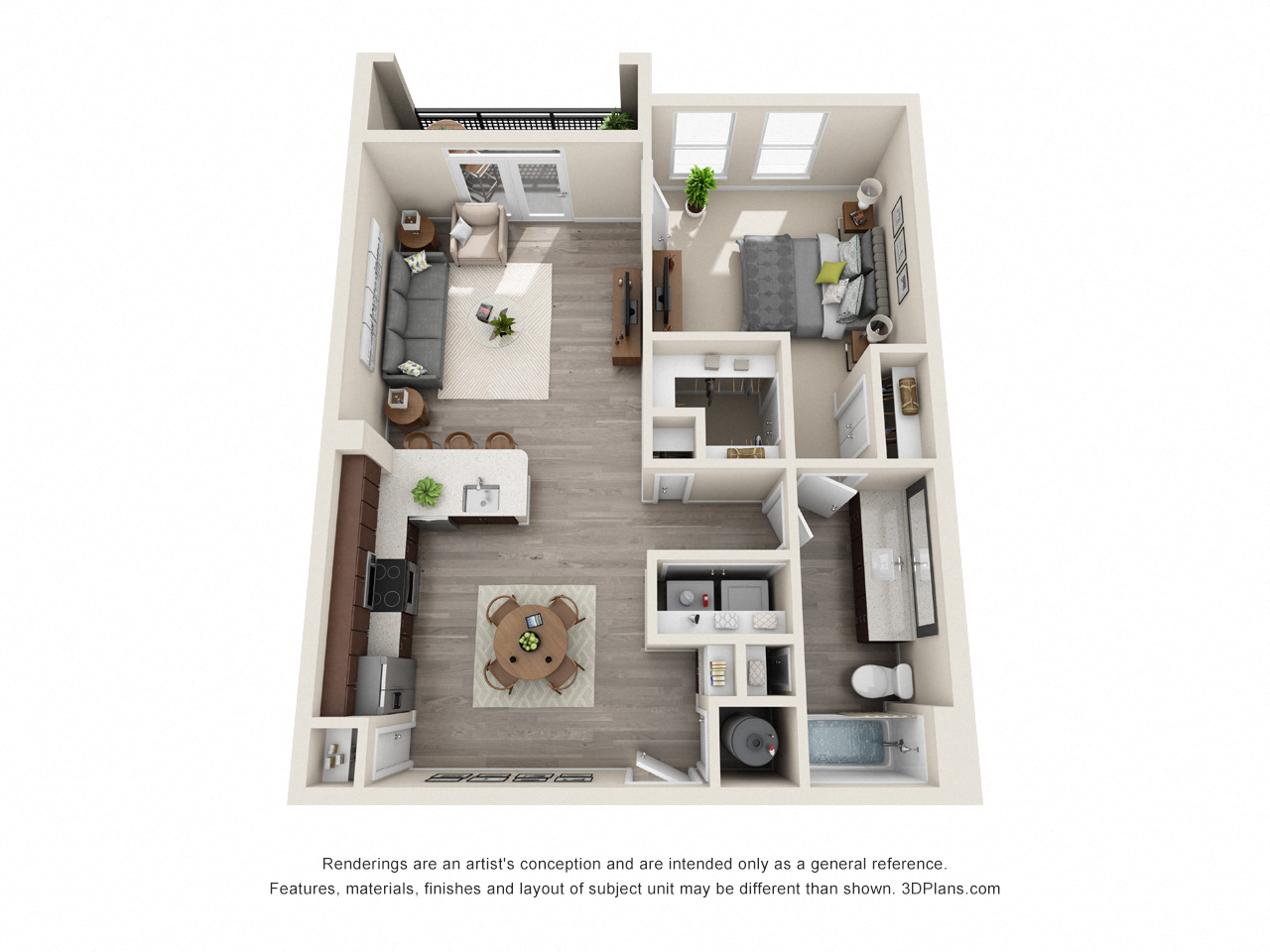 Floor plan for 1 bed, 1 bath, 837 sqft